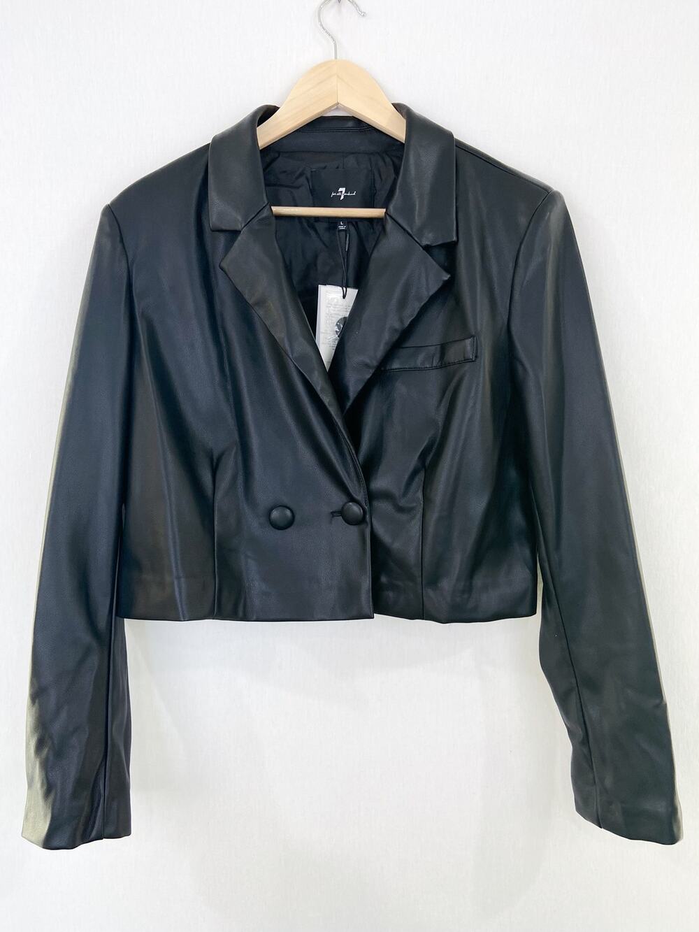 NEW 7 for all Mankind Faux Leather Black Cropped Blazer Jacket sz Large Double